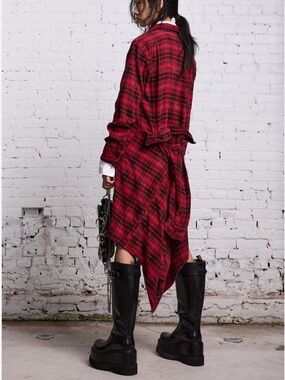 R13 Tie Waist Midi Shirt Dress - Red/Black Plaid Size XS